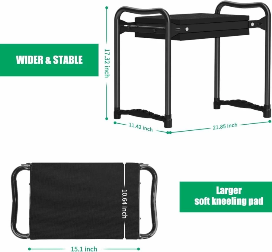 TomCare Heavy Duty Foldable Garden Kneeler and Seat with 2 Tool Pouches, 10.64" Wide Kneeling Pad, Gardening Bench Stool for Women and Men