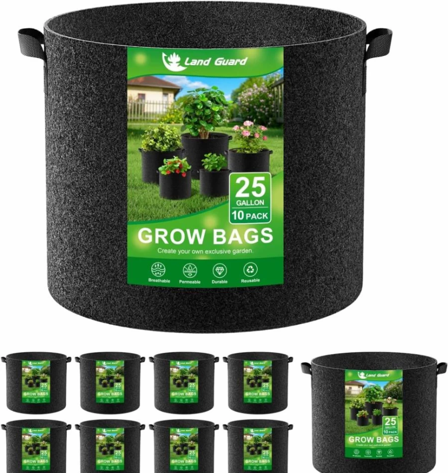 Land Guard 10-Gallon Thickened Nonwoven Fabric Grow Bags, 10-Pack with Handles for Vegetables, Plants & Gardening, Black Planting Pots