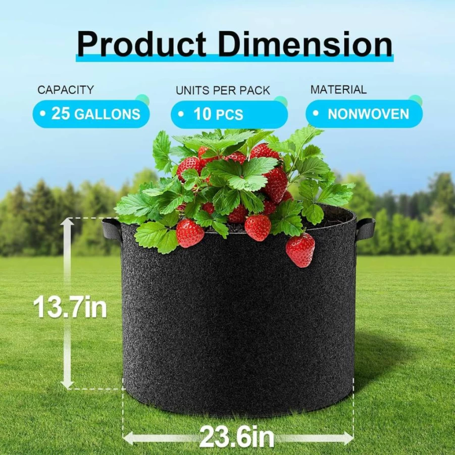 Land Guard 10-Gallon Thickened Nonwoven Fabric Grow Bags, 10-Pack with Handles for Vegetables, Plants & Gardening, Black Planting Pots