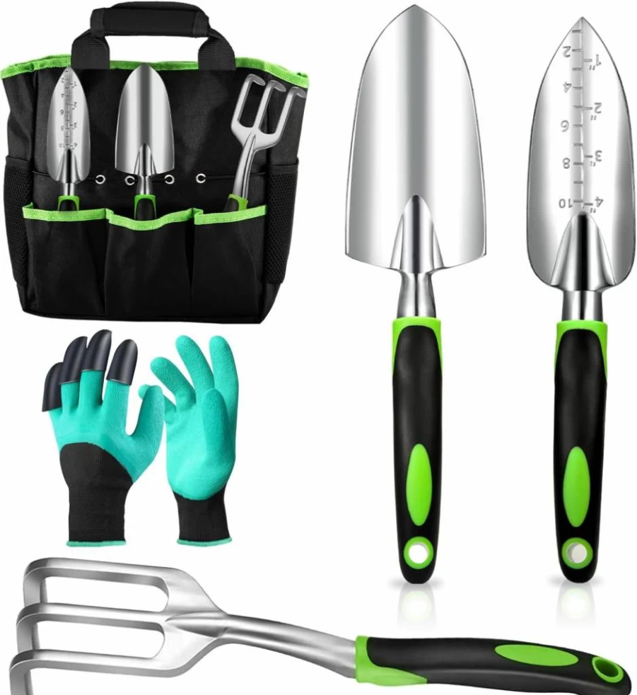 Craft911 Heavy Duty Aluminum Alloy Garden Tool Set with Ergonomic Handle, Gardening Gloves & Storage Bag - Ideal Gardening Gifts for Men & Women (Green)