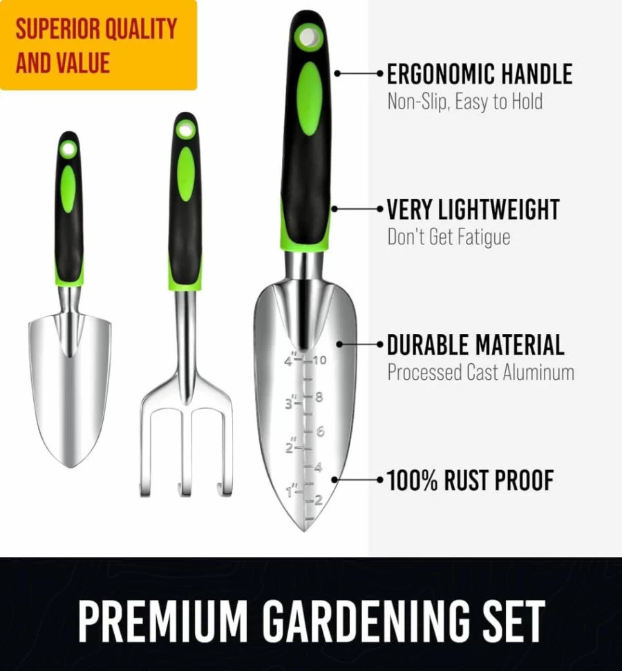 Craft911 Heavy Duty Aluminum Alloy Garden Tool Set with Ergonomic Handle, Gardening Gloves & Storage Bag - Ideal Gardening Gifts for Men & Women (Green)