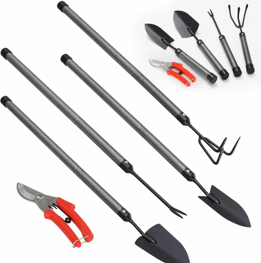 INFLATION 5-Piece Heavy Duty Garden Tools Set with Extended Handle - Includes Trowel, Hand Rake, Weeder, Pruning Shears - Ideal Gardening Gift for Parents & Kids
