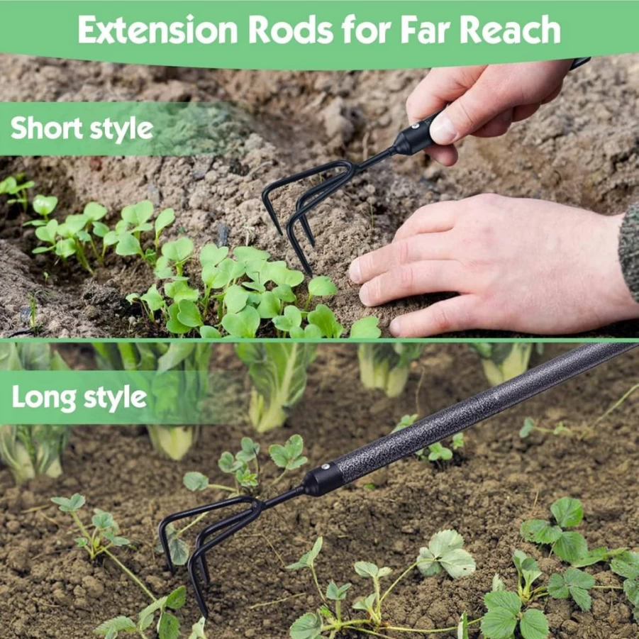 INFLATION 5-Piece Heavy Duty Garden Tools Set with Extended Handle - Includes Trowel, Hand Rake, Weeder, Pruning Shears - Ideal Gardening Gift for Parents & Kids