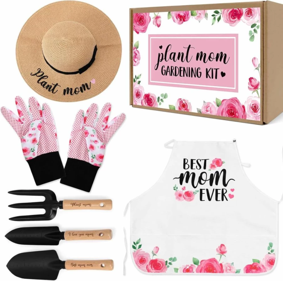 Percozzi Gardening Gift Set for Mom - Pink Rose Planting Tools, Floral Apron, Straw Hat, Gloves - Mother's Day Present for Women, Plant Lovers, Outdoor Horticulture Starter Kit