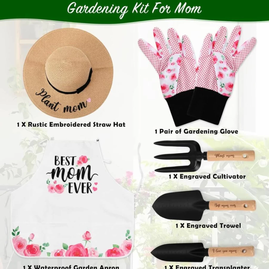Percozzi Gardening Gift Set for Mom - Pink Rose Planting Tools, Floral Apron, Straw Hat, Gloves - Mother's Day Present for Women, Plant Lovers, Outdoor Horticulture Starter Kit