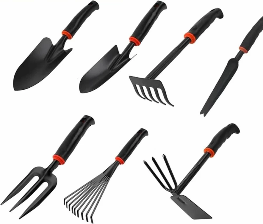 RISTEASO 4-Piece Garden Tool Set with Rust-Resistant Iron Heads & Ergonomic Rubber Grips - Includes Shovels, Rakes, Cultivators, and Transplanting Tools for Gardening