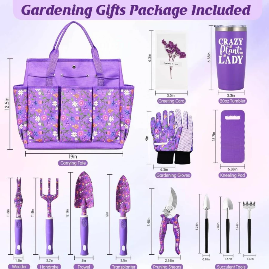 NatuBeau 14-Piece Purple Gardening Tools Set for Women - Gift for Mom, Grandma, Aunt - Includes Durable Garden Tool Bag - Ideal for Plant Lovers, Christmas, Birthday