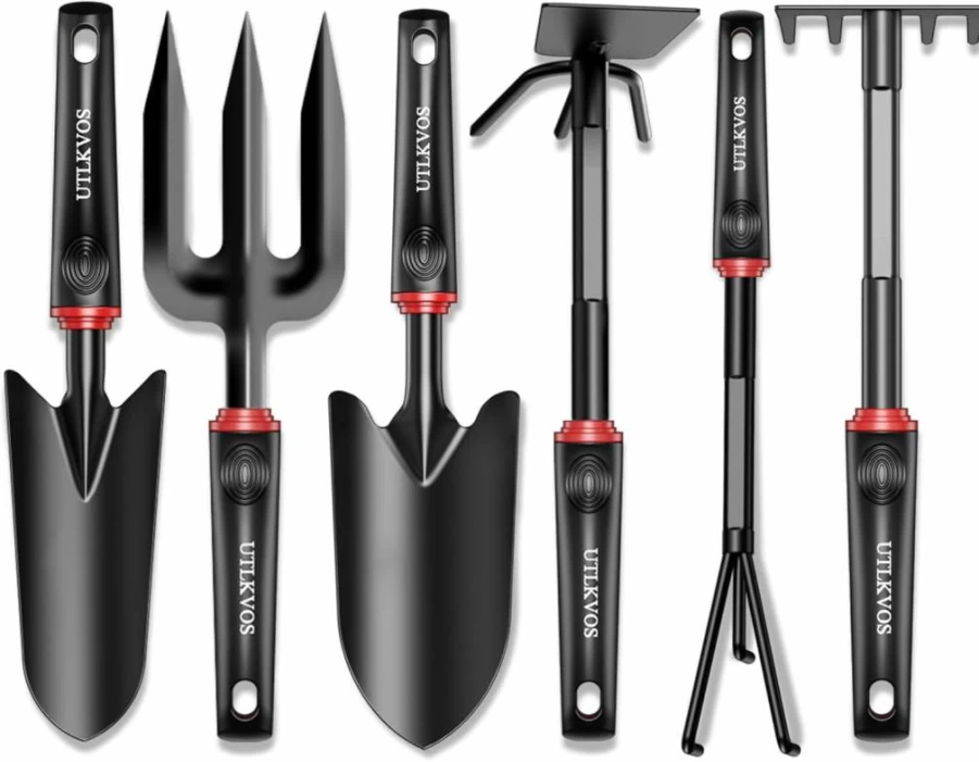 UTLKVOS 6-Piece Heavy Duty Gardening Tools Set with Ergonomic Rubber Handles - Rust-Proof Trowel, Rake, Weeder & Fork for Planting, Digging