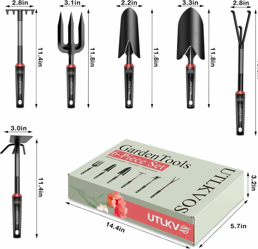 UTLKVOS 6-Piece Heavy Duty Gardening Tools Set with Ergonomic Rubber Handles - Rust-Proof Trowel, Rake, Weeder & Fork for Planting, Digging