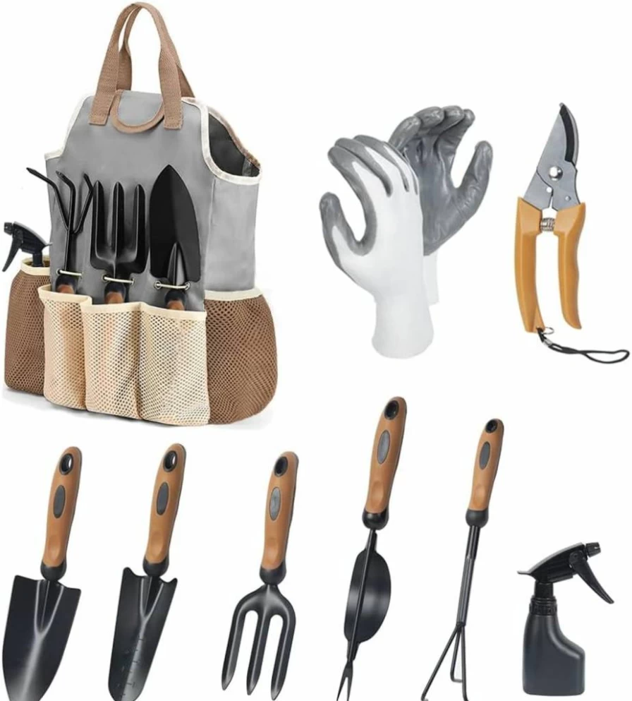 QINGFANGLI 9-Piece Premium Garden Tool Set - Stainless Steel Gardening Kit with Weeder, Cultivator, Trowel, Sprayer, Gloves & Organizer - Ergonomic Rubber Handle Tools for Men & Women