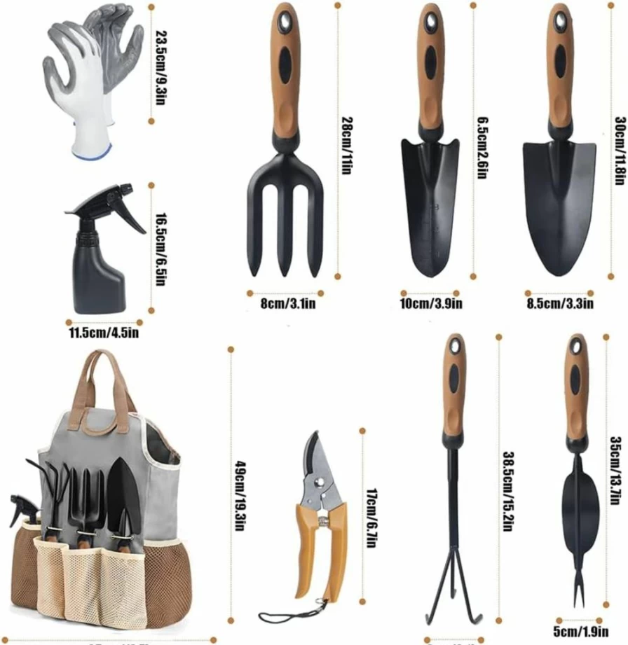 QINGFANGLI 9-Piece Premium Garden Tool Set - Stainless Steel Gardening Kit with Weeder, Cultivator, Trowel, Sprayer, Gloves & Organizer - Ergonomic Rubber Handle Tools for Men & Women