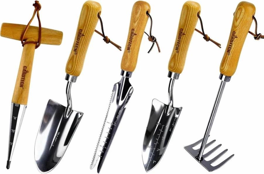 Gardtech 5-Piece Heavy Duty Gardening Tool Set with Weeder, Dibber, Transplanter, Trowel & Cultivator - Stainless Steel with Wooden Handle for Outdoor Planting
