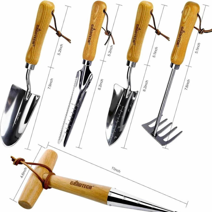 Gardtech 5-Piece Heavy Duty Gardening Tool Set with Weeder, Dibber, Transplanter, Trowel & Cultivator - Stainless Steel with Wooden Handle for Outdoor Planting