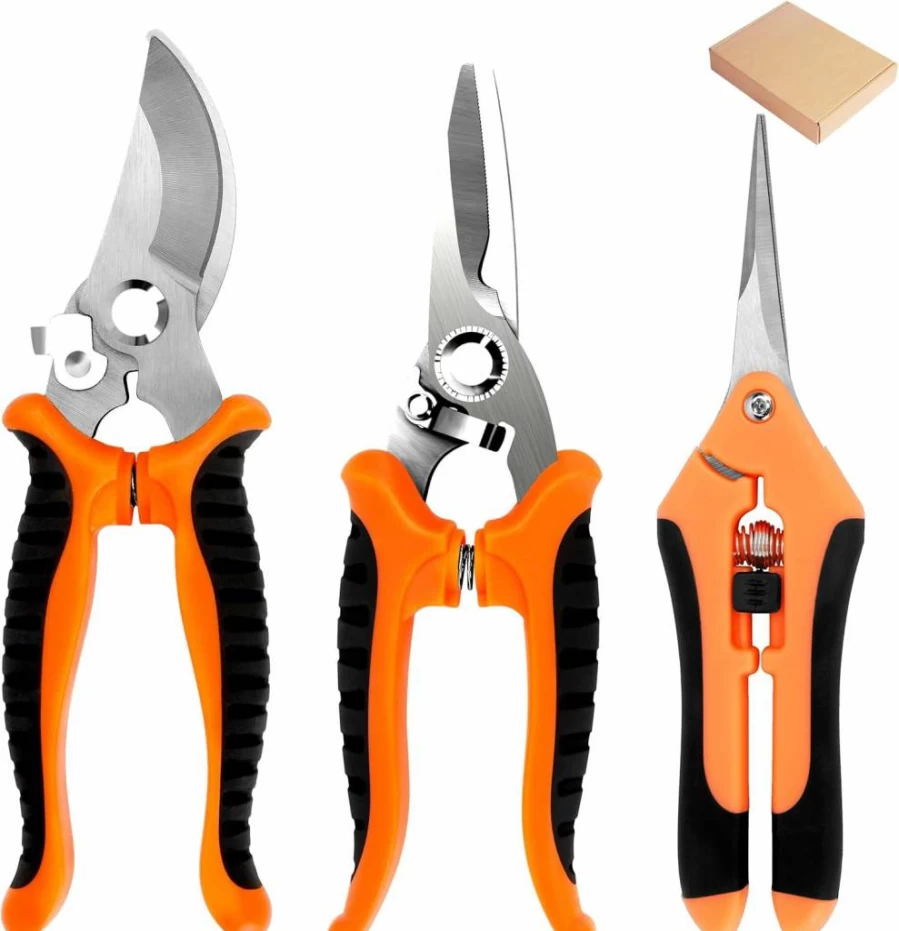 QEYMN 3Pcs Stainless Steel Pruning Shears Set - Gardening Scissors with Soft Grip Handles, Garden Clippers & Hand Pruners for Professional & Home Use