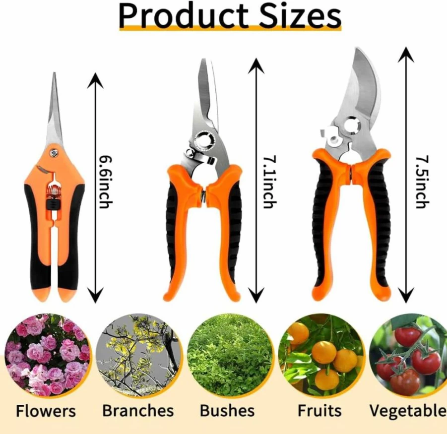 QEYMN 3Pcs Stainless Steel Pruning Shears Set - Gardening Scissors with Soft Grip Handles, Garden Clippers & Hand Pruners for Professional & Home Use