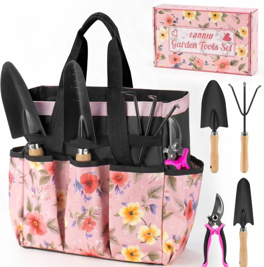 LANNIU 7-Piece Pink Gardening Gift Set for Mom - Floral Apron, Straw Hat, Tools, Gloves, Perfect Mother's Day Present