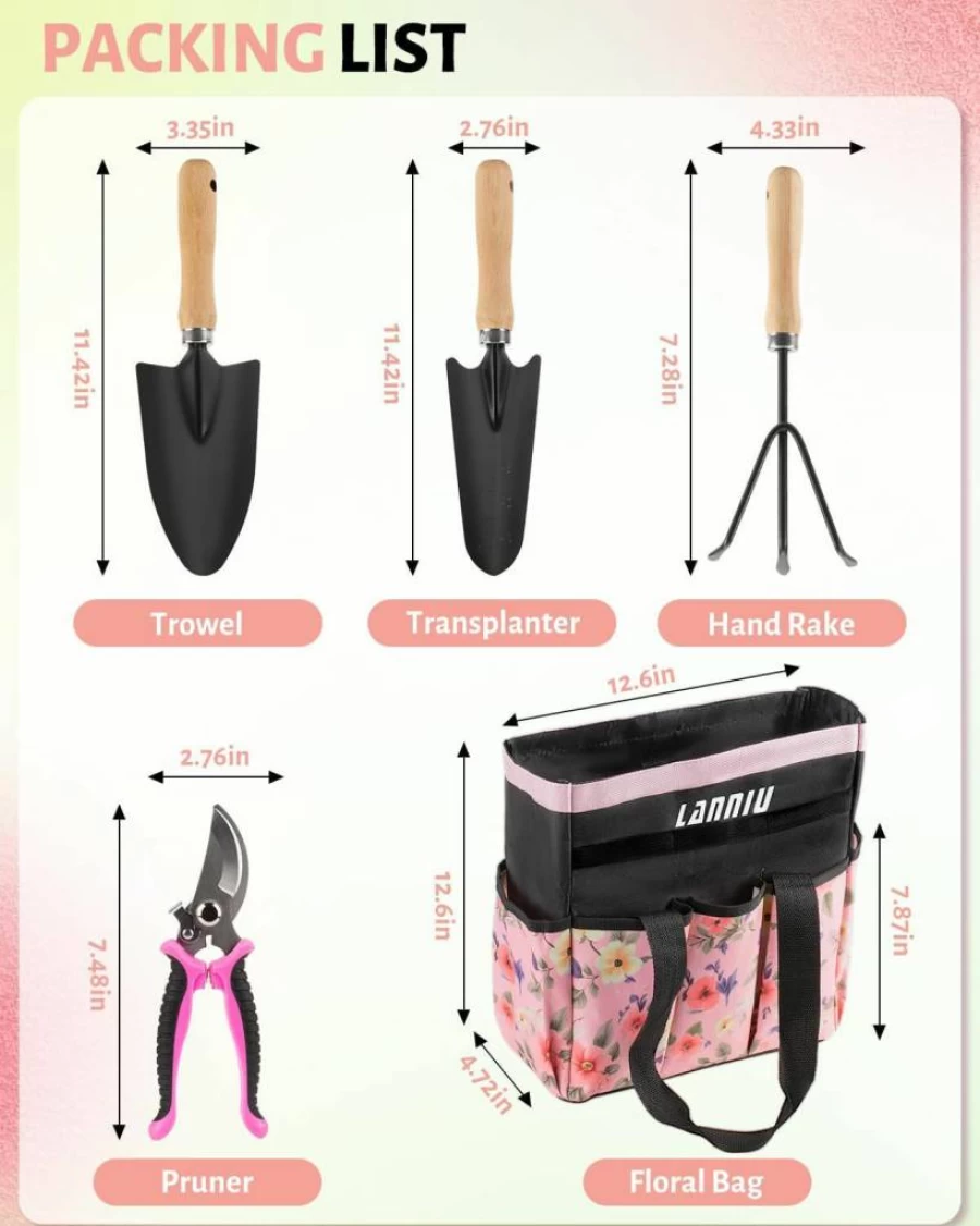 LANNIU 7-Piece Pink Gardening Gift Set for Mom - Floral Apron, Straw Hat, Tools, Gloves, Perfect Mother's Day Present