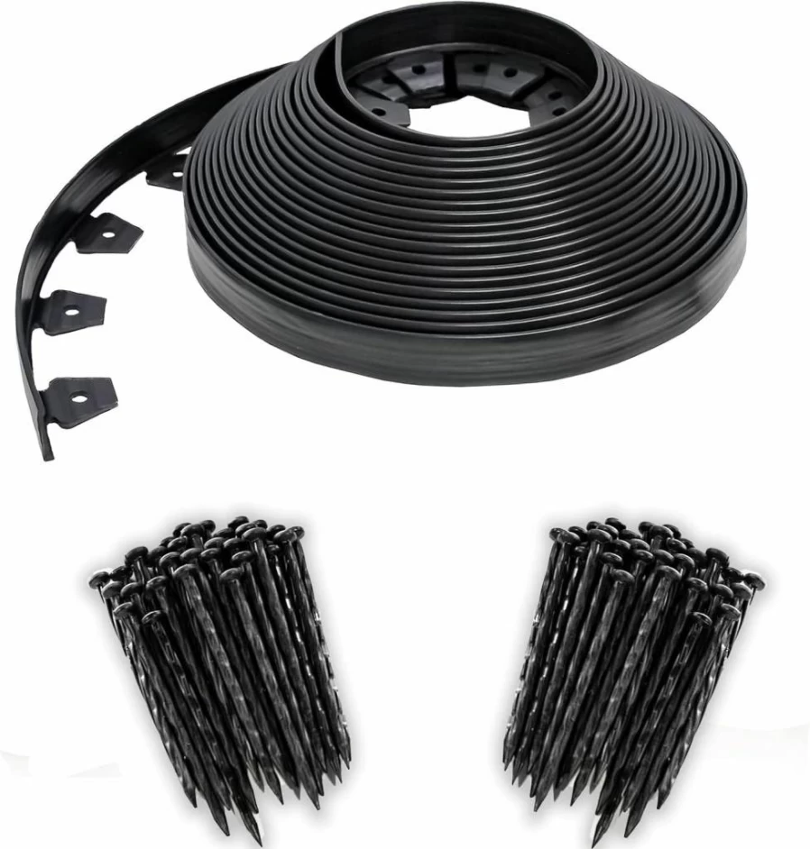 EASYFLEX No-Dig Landscape Edging Kit - 1.5 Inch Tall Black Plastic Garden Border with Anchoring Spikes, 100 Foot Straight Top Design for Easy Installation