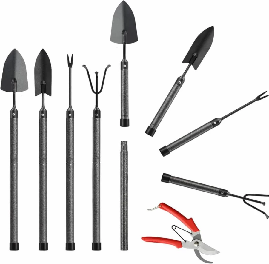 Lilyvane 5-Piece Heavy Duty Garden Tool Set with Extensions - Rustproof Metal Shovel, Weeder, Tiller, Pruning Shears - Ideal Gardening Gifts for Women & Kids