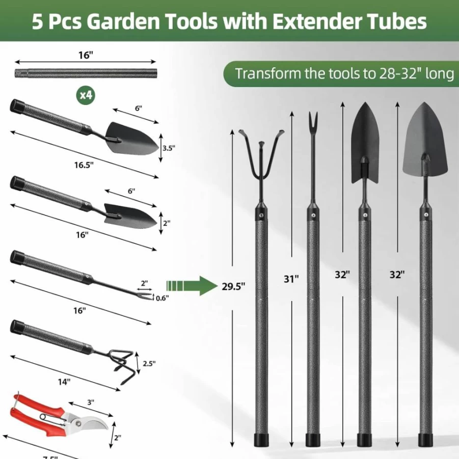 Lilyvane 5-Piece Heavy Duty Garden Tool Set with Extensions - Rustproof Metal Shovel, Weeder, Tiller, Pruning Shears - Ideal Gardening Gifts for Women & Kids