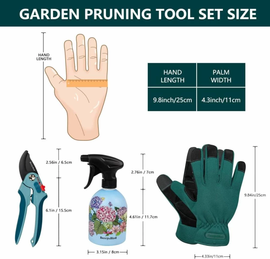 Berry&Bird 3-Piece Premium Garden Tool Set with Pruning Shears, Gloves & Sprayer - Ideal Gardening Gift for Men & Women - Durable Cutting, Planting & Picking Kit for Home & Outdoor Use