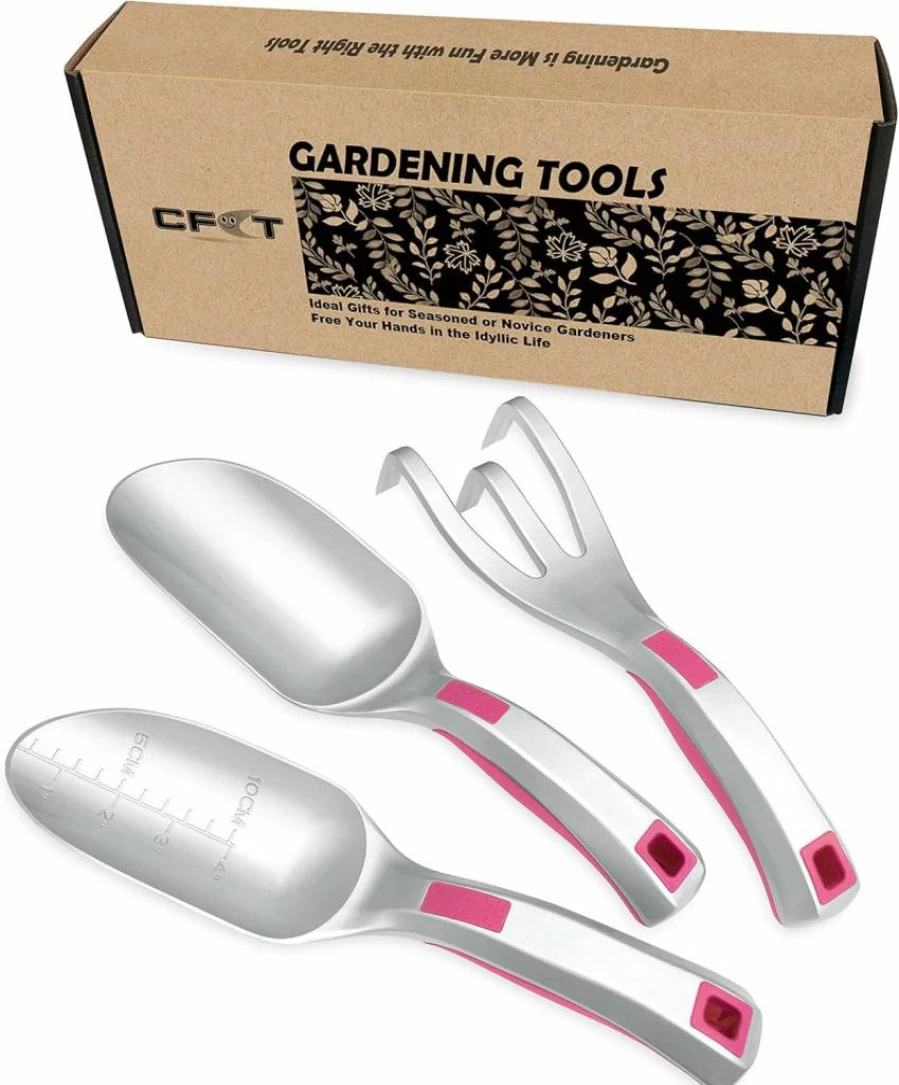 CFCT 3Pc Pink Aluminum Garden Tool Set - Bend Proof Soil Scooper, Trowel & Cultivator Hand Rake, Ideal Gardening Gift for Women
