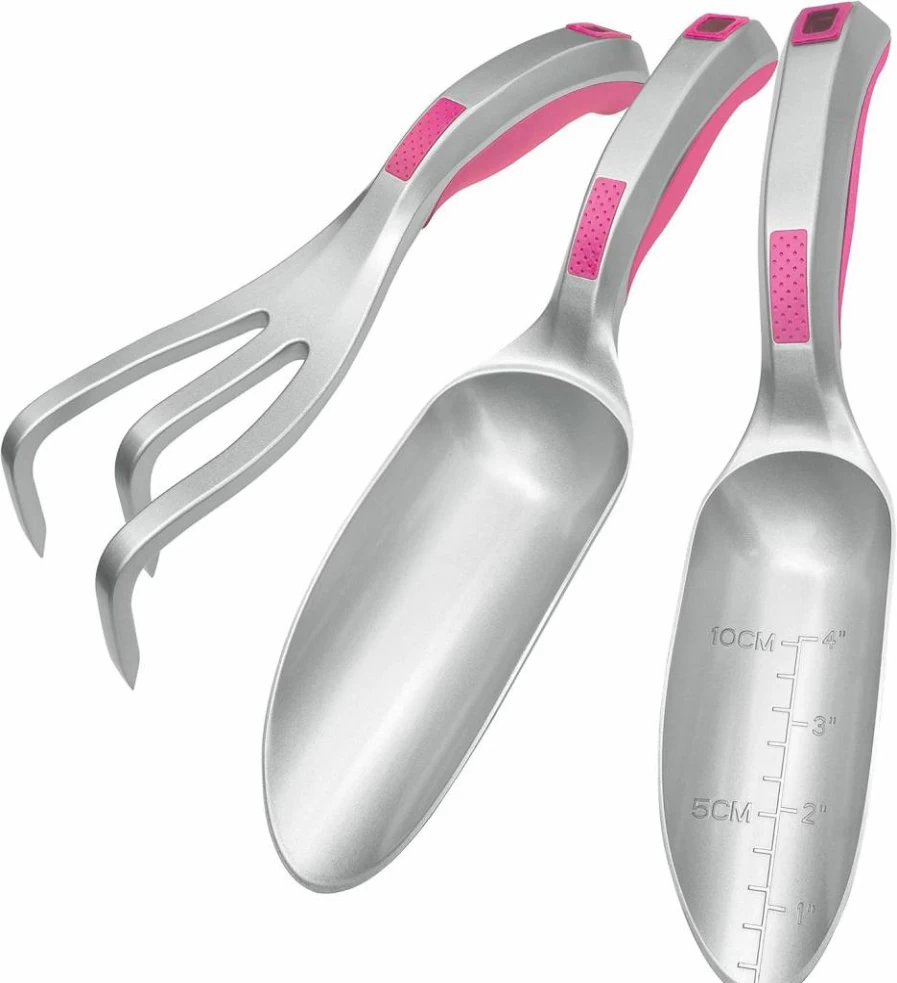 CFCT 3Pc Pink Aluminum Garden Tool Set - Bend Proof Soil Scooper, Trowel & Cultivator Hand Rake, Ideal Gardening Gift for Women