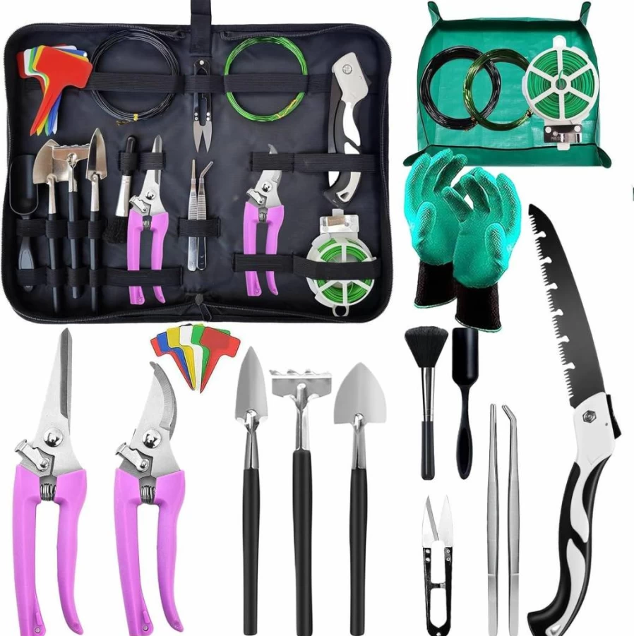 FGRKXCV 24-Piece Bonsai Starter Kit with Pruning Shears, Bonsai Wire, Repotting Mat & Succulent Tools – Complete Gardening Tool Set for Beginners (Green)