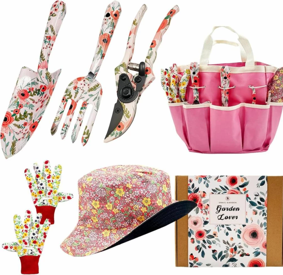 SNAIL GARDEN 6-Piece Gardening Tool Set with Reversible Sun Hat & Storage Bag - Rust-Proof Durable Hand Tools for Women Gardeners