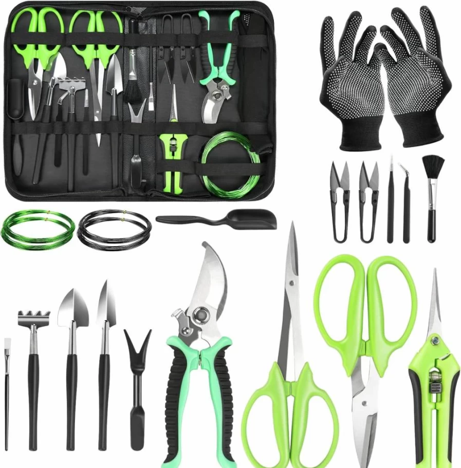 FTUREERA 21 Pcs Bonsai Tool Kit with Pruning Shears, Trimming Scissors, Training Wire, Succulent Tools & Leather Storage Bag - Perfect Gardening Gifts for Women & Plant Lovers