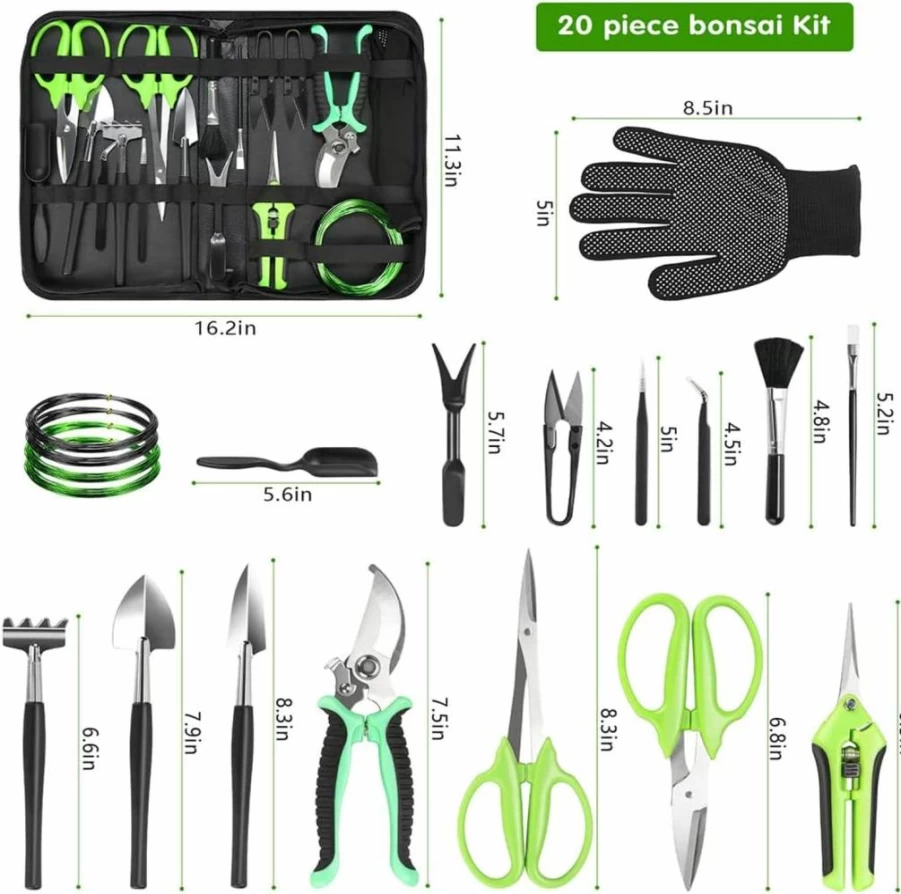 FTUREERA 21 Pcs Bonsai Tool Kit with Pruning Shears, Trimming Scissors, Training Wire, Succulent Tools & Leather Storage Bag - Perfect Gardening Gifts for Women & Plant Lovers