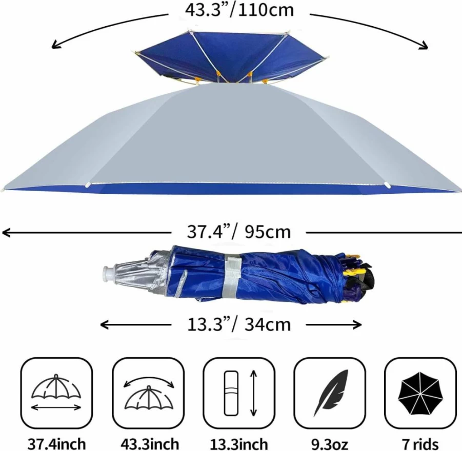 NEW-Vi Adjustable Umbrella Hat for Sun & Rain Protection - 37.4" UPF 50+ UV Shield, Hands-Free Outdoor Cap for Fishing, Gardening, Golf, Waterproof 7-Rib Design